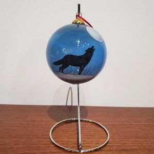 set‎ of 3 glass ball ornaments wolf, wolf howling at the moon includes red box